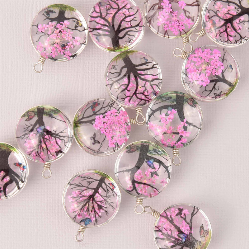 2 Pink Pressed Flower Charms, Silver Loop with Glass, Real Flowers chs8012