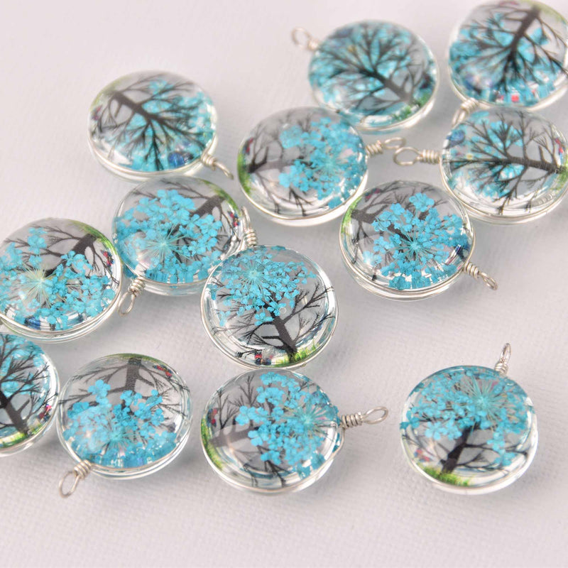 2 Turquoise Blue Pressed Flower Charms, Silver Loop with Glass, Real Flowers chs8013