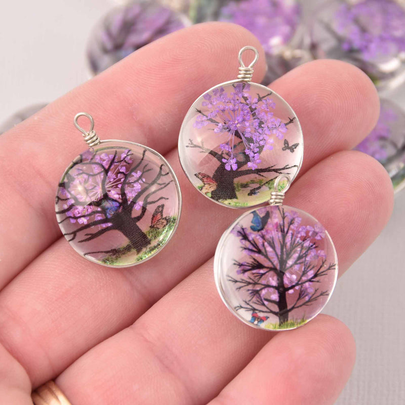 2 Purple Pressed Flower Charms, Silver Loop with Glass, Real Flowers chs8014