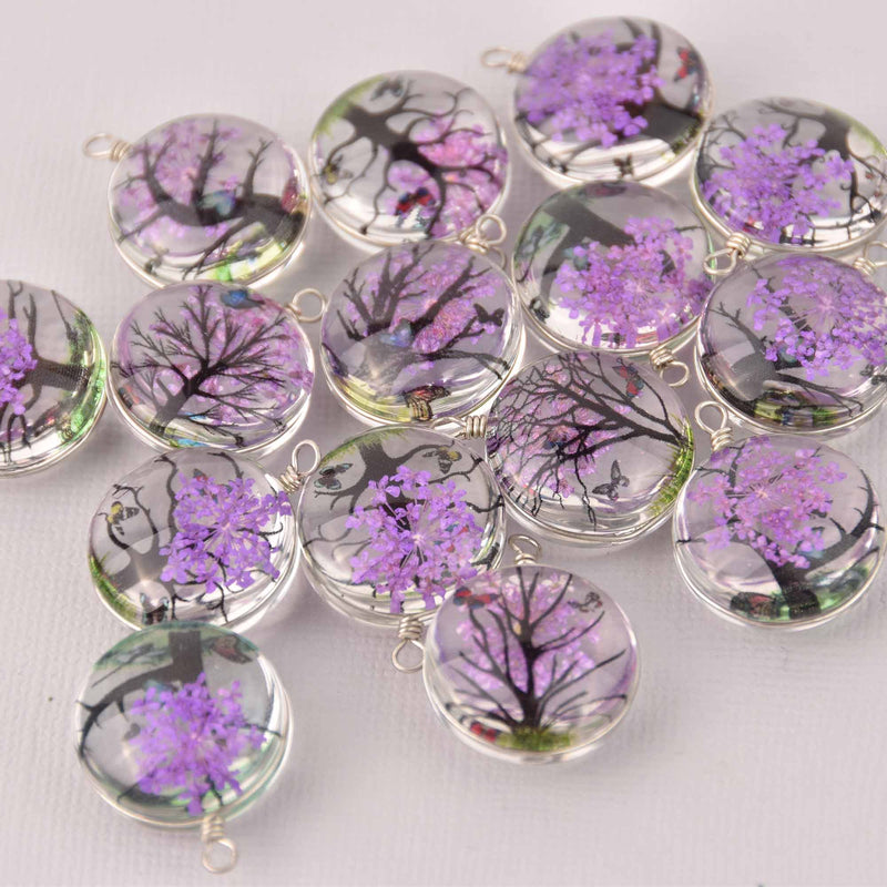 2 Purple Pressed Flower Charms, Silver Loop with Glass, Real Flowers chs8014