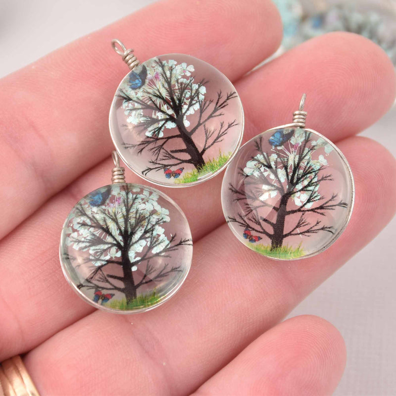 2 Light Blue Pressed Flower Charms, Silver Loop with Glass, Real Flowers chs8015