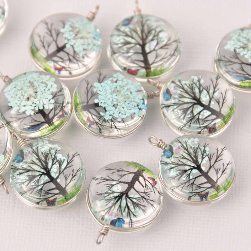 2 Light Blue Pressed Flower Charms, Silver Loop with Glass, Real Flowers chs8015