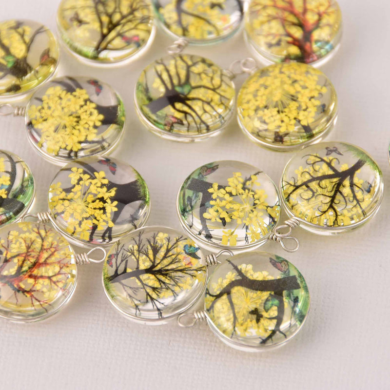2 Yellow Pressed Flower Charms, Silver Loop with Glass, Real Flowers chs8016