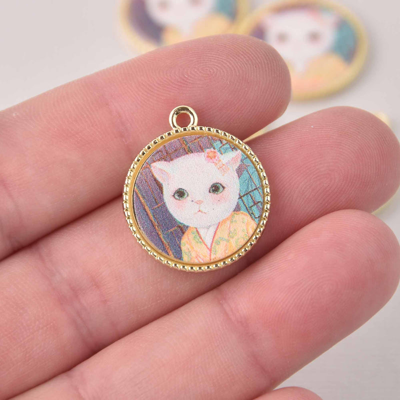 2 Cat Charms, Gertrude, gold bezel, 24mm, chs8020