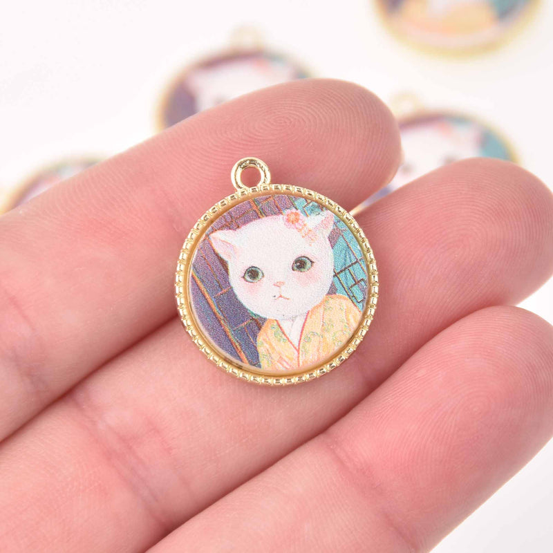 2 Cat Charms, Gertrude, gold bezel, 24mm, chs8020