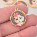 2 Cat Charms, Fleur, gold bezel, 24mm, chs8021