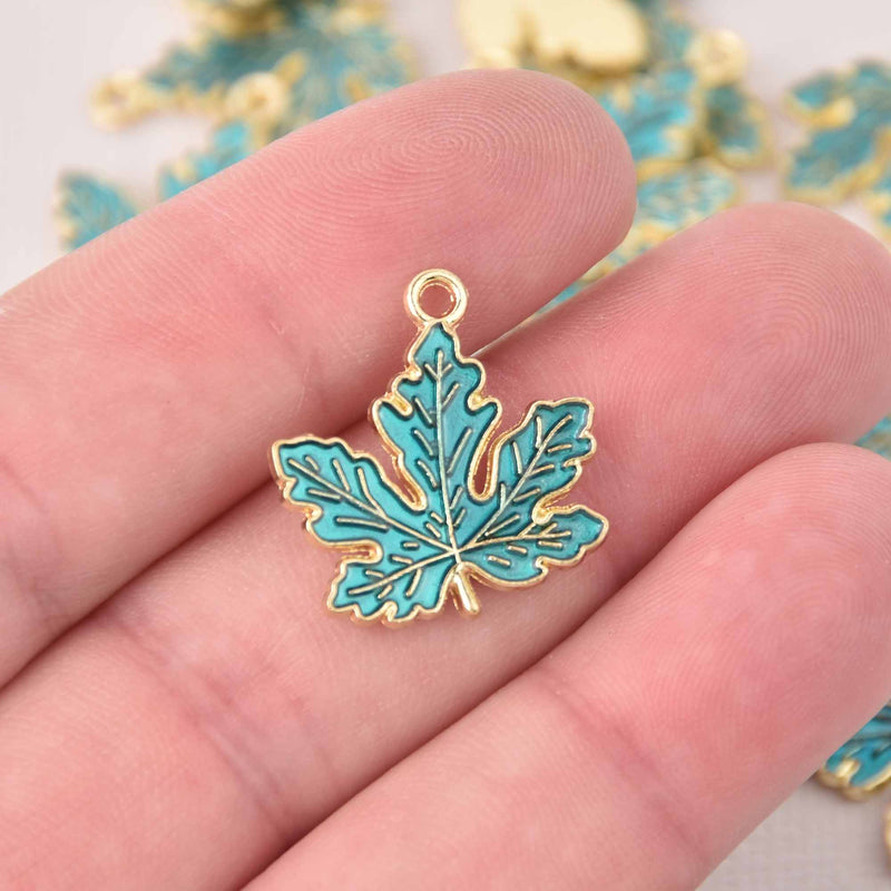 6 Blue Green Leaf Charms, gold plated, chs8022