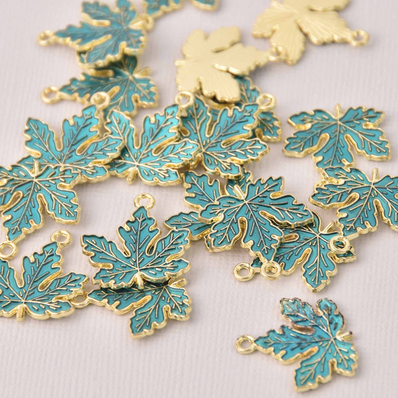 6 Blue Green Leaf Charms, gold plated, chs8022