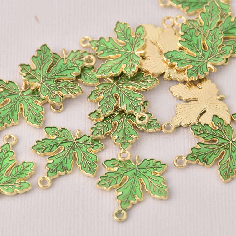 6 Green Leaf Charms, gold plated, chs8023