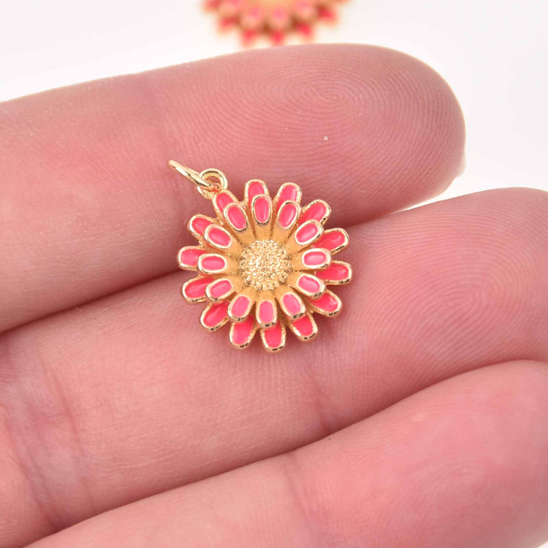 1 Flower Charm, Hot Pink enamel, gold plate, chs8029