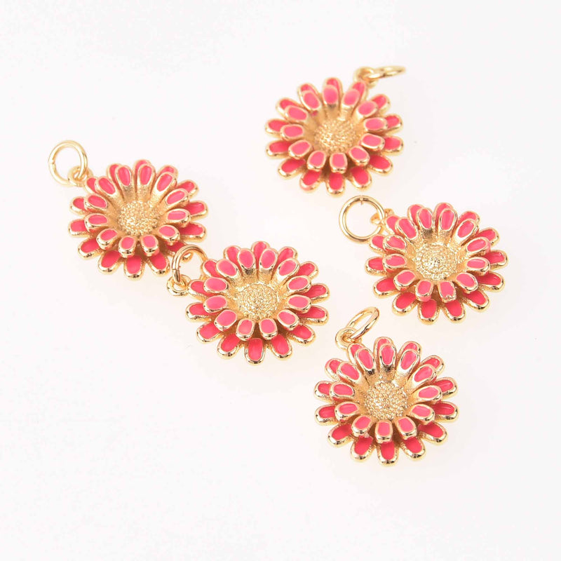 1 Flower Charm, Hot Pink enamel, gold plate, chs8029