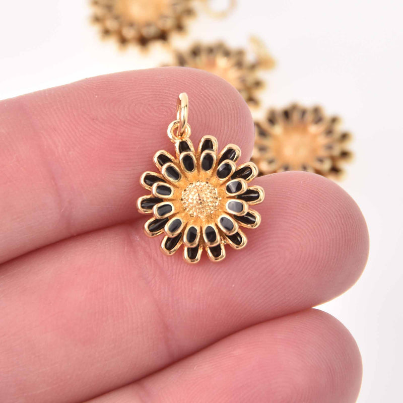 1 Flower Charm, Black enamel, gold plate, chs8034