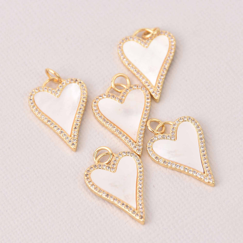 1 White Mother of Pearl Shell Charms, Gold Plated, CZ Micro Pave Crystals, 23mm, chs8038