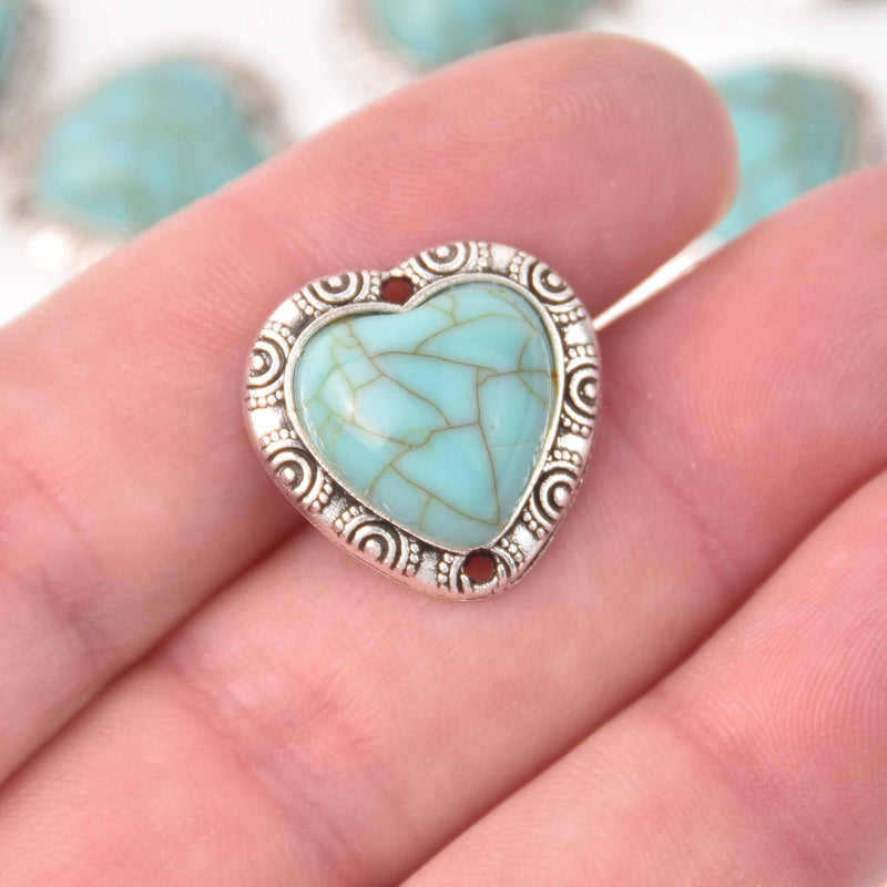 4 Faux Turquoise Charms, heart shape, silver metal, 20mm, chs8042