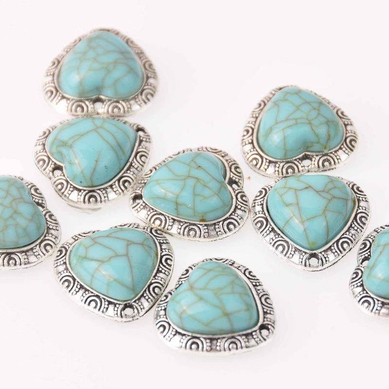 4 Faux Turquoise Charms, heart shape, silver metal, 20mm, chs8042
