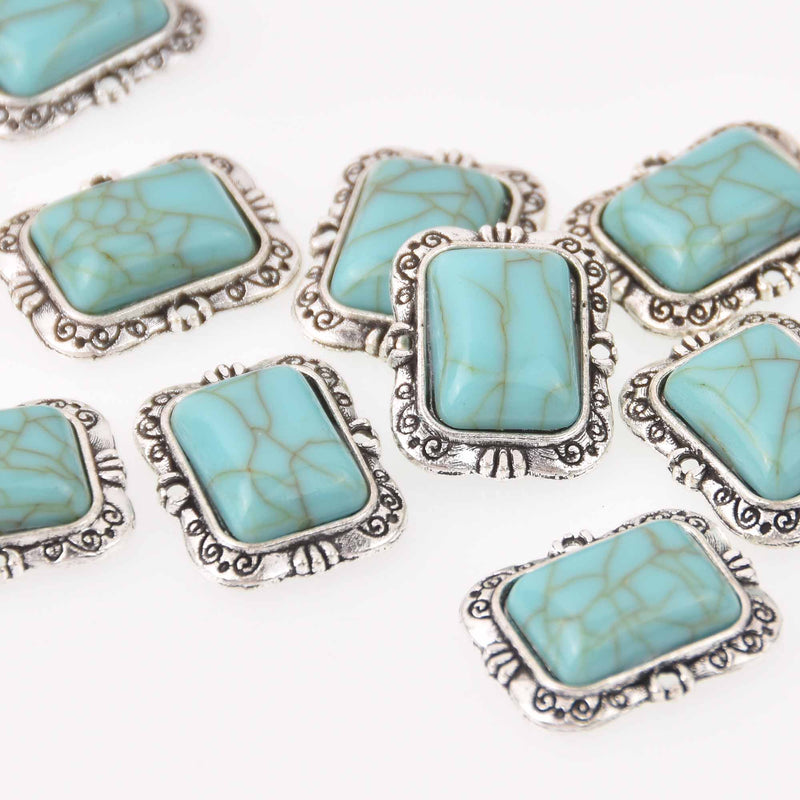 4 Faux Turquoise Charms, rectangle shape, silver metal, 20mm, chs8043