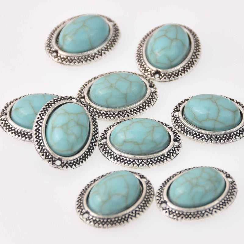 4 Faux Turquoise Charms, oval shape, silver metal, 20mm, chs8044