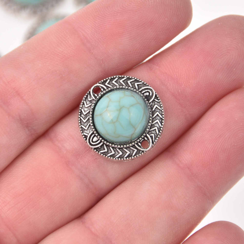 4 Faux Turquoise Charms, round shape, silver metal, 19mm, chs8045