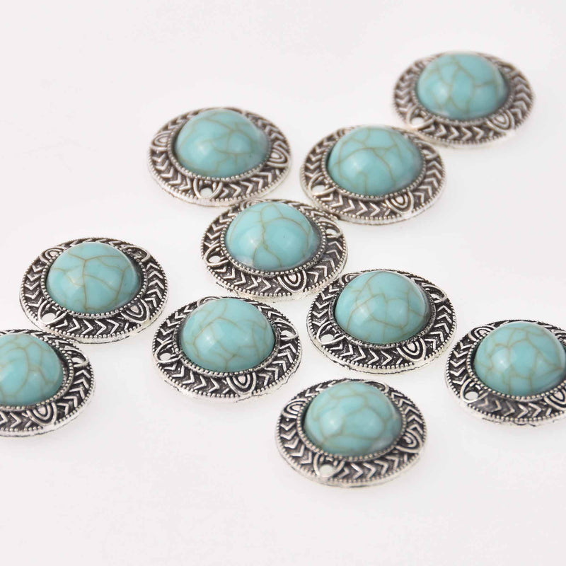 4 Faux Turquoise Charms, round shape, silver metal, 19mm, chs8045