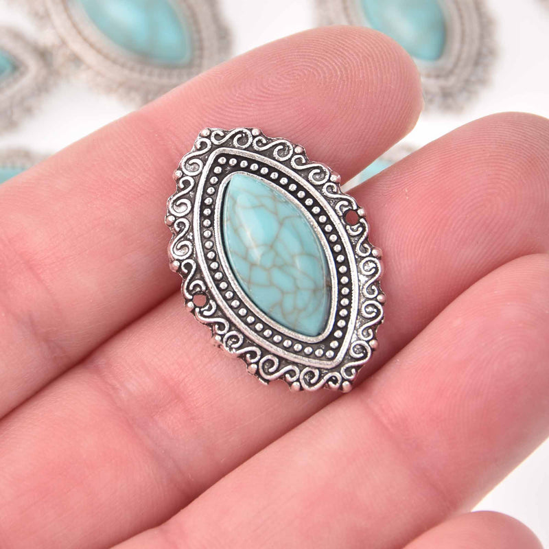 4 Faux Turquoise Charms, round shape, silver metal, 30mm, chs8046