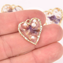 2 Pressed Flower Gold Charms, Purple Flowers, Heart Resin with faux pearls, 23mm, chs8048