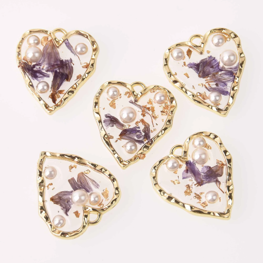2 Pressed Flower Gold Charms, Purple Flowers, Heart Resin with faux pearls, 23mm, chs8048