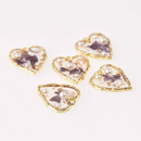 2 Pressed Flower Gold Charms, Purple Flowers, Heart Resin with faux pearls, 23mm, chs8048