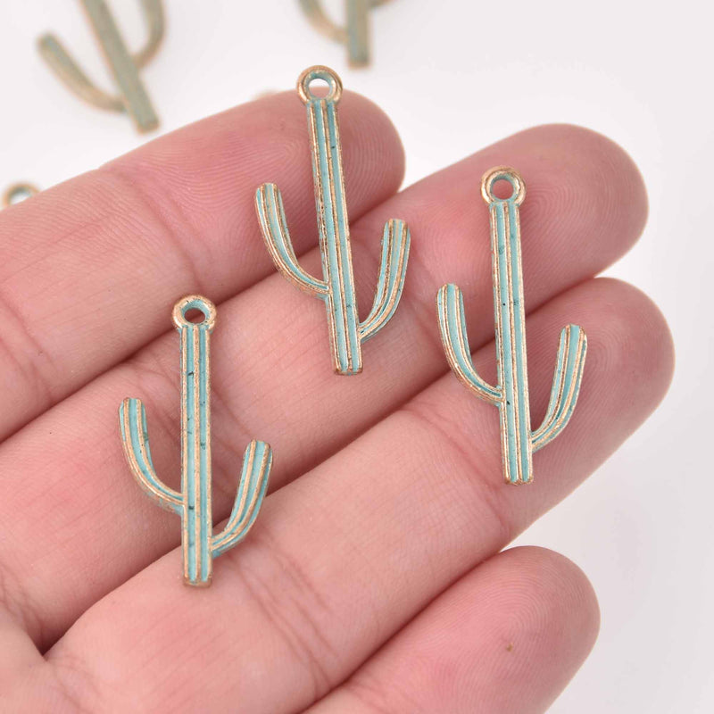 10 Gold CACTUS Charms, Metal, Blue Green Verdigris Patina, chs8049