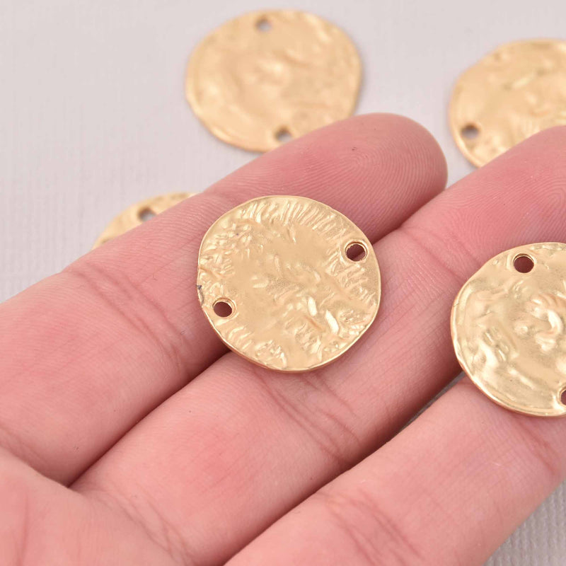 5 Matte Gold Hammered Coin Charms, Connector Links, 20mm, chs8052