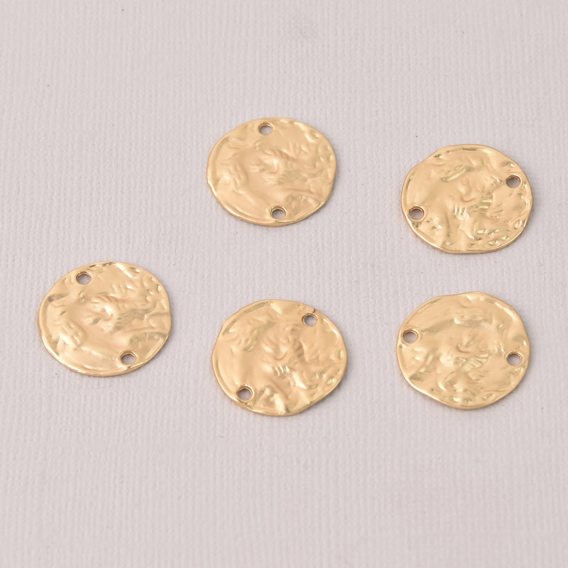 5 Matte Gold Hammered Coin Charms, Connector Links, 20mm, chs8052
