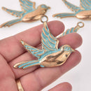 2 Large Bird Charms, Gold with Blue Patina, chs8062