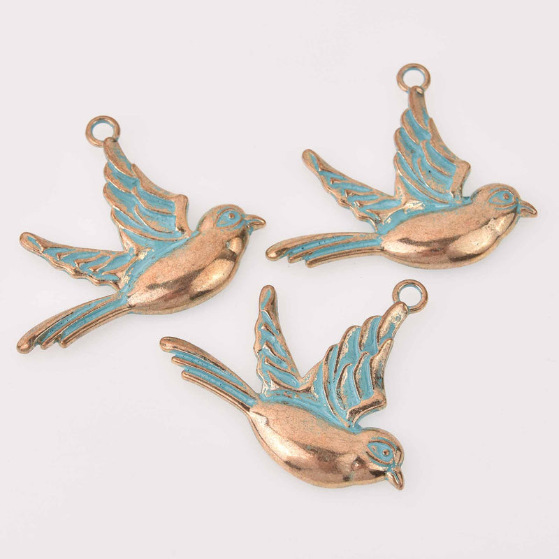 2 Large Bird Charms, Gold with Blue Patina, chs8062