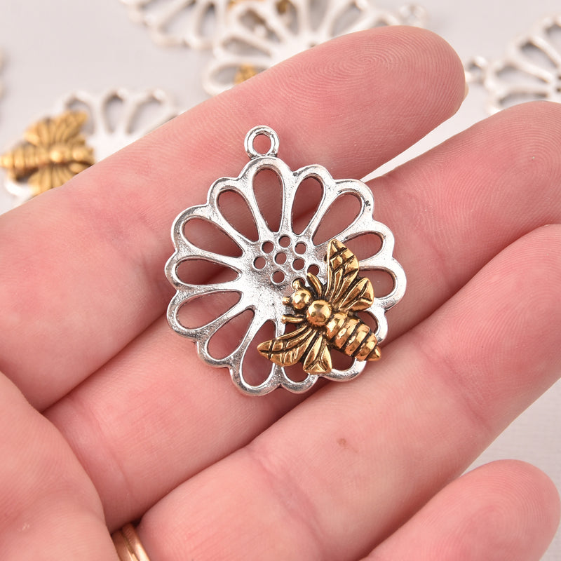 4 QUEEN BEE Flower Charms, silver with gold bee, chs8084