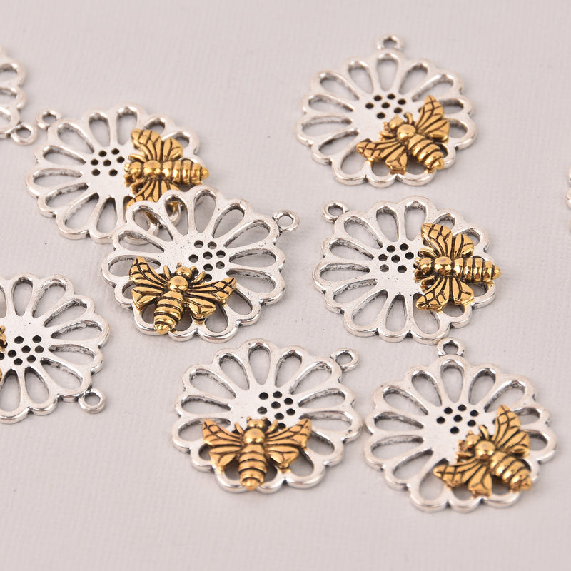 4 QUEEN BEE Flower Charms, silver with gold bee, chs8084