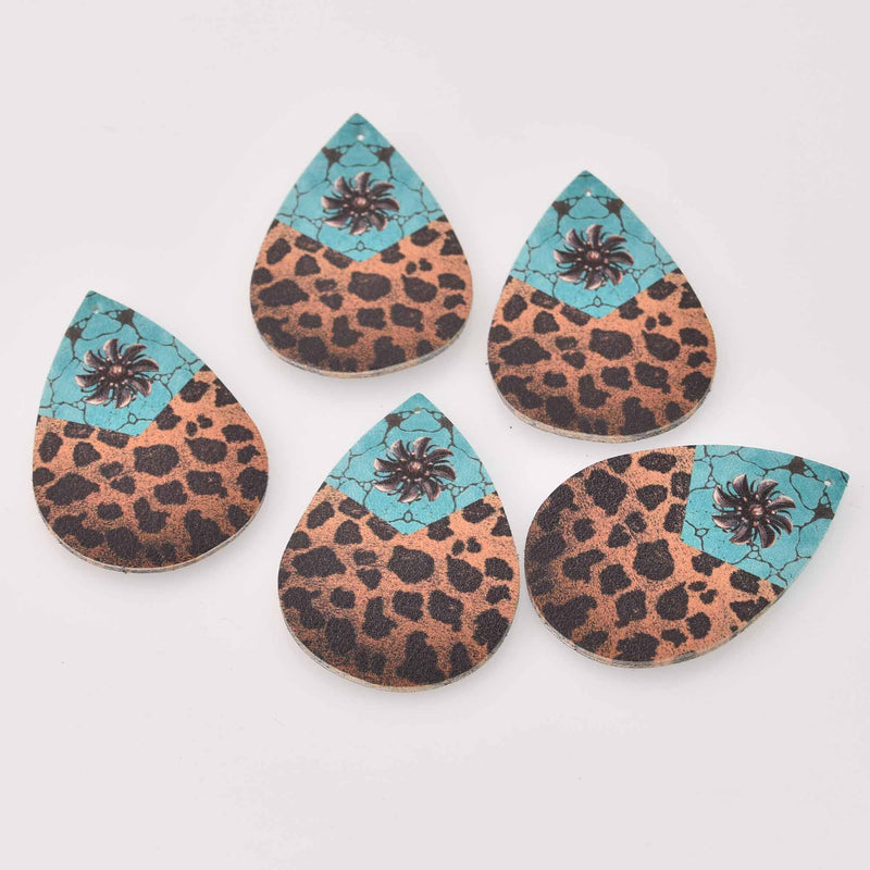 4 Faux Leather Teardrop Charms Cheetah Vegan Leather Pendant 2-1/4" long chs8086