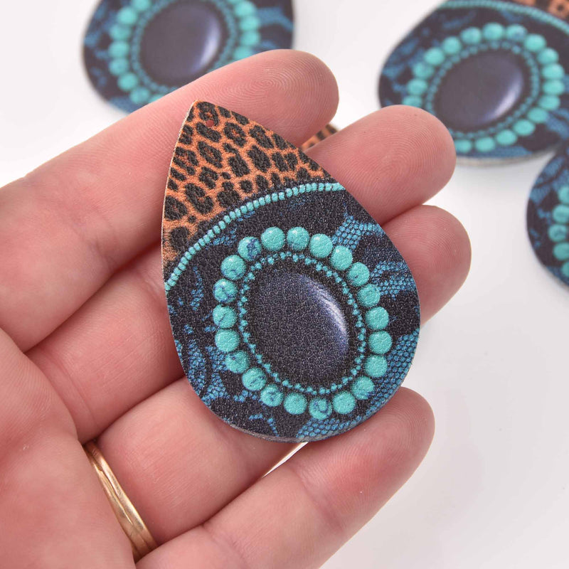 4 Faux Leather Teardrop Charms Western Vegan Leather Pendant 2-1/4" long chs8088