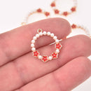 2 Gold Flower Ring Charms, Red with Faux Pearls, 20mm, chs8095