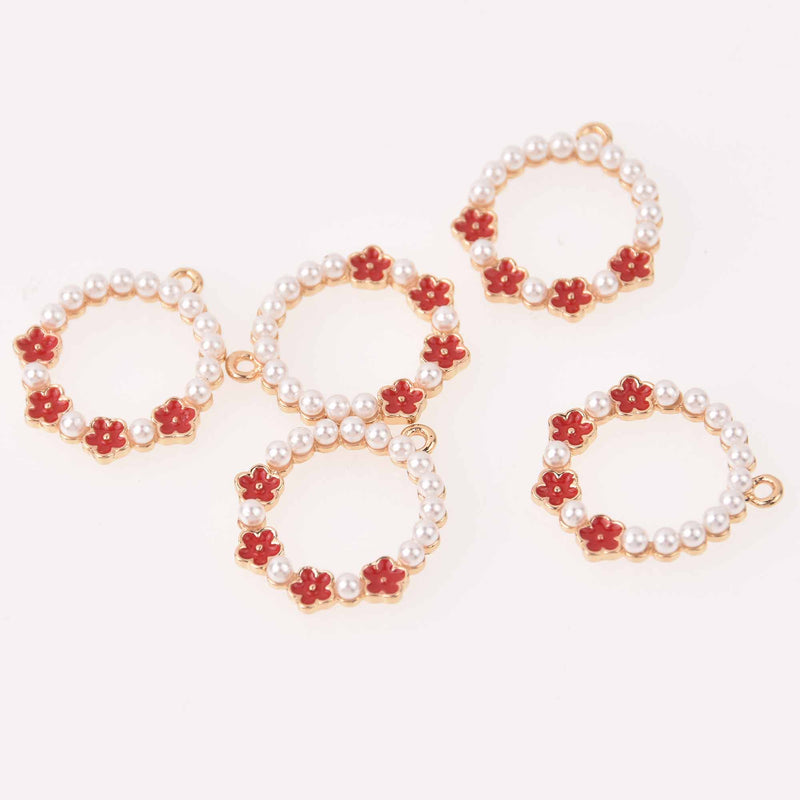 2 Gold Flower Ring Charms, Red with Faux Pearls, 20mm, chs8095