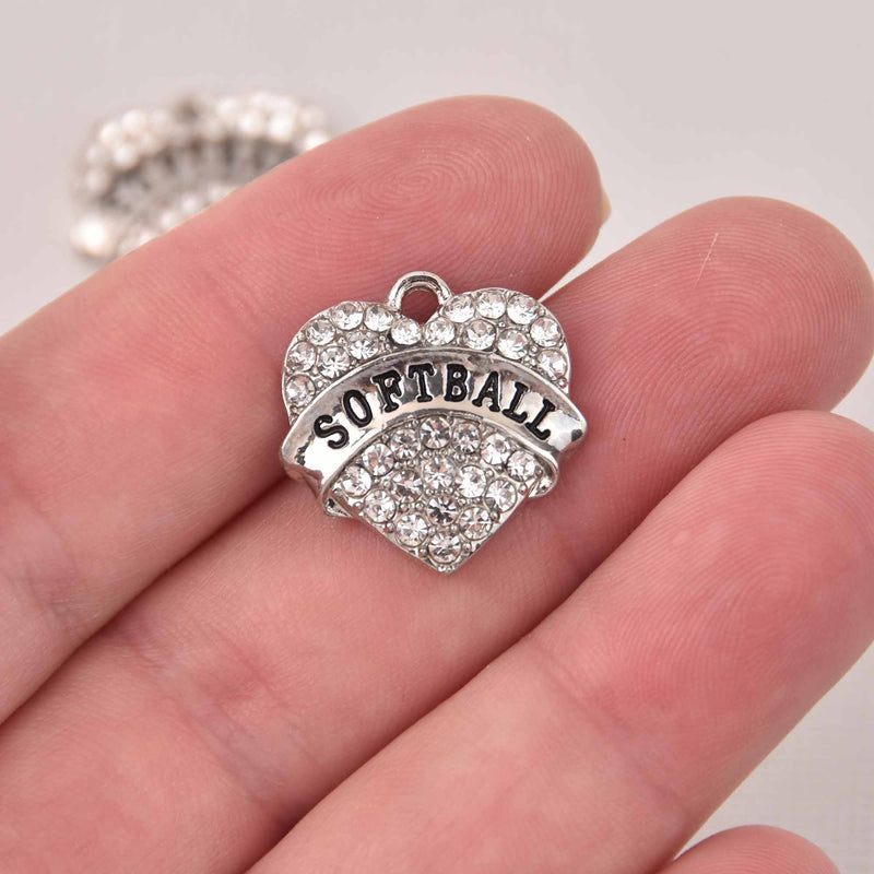 2 Softball Charms, Rhinestone Heart Charms, Silver, chs8096