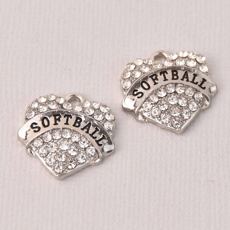 2 Softball Charms, Rhinestone Heart Charms, Silver, chs8096