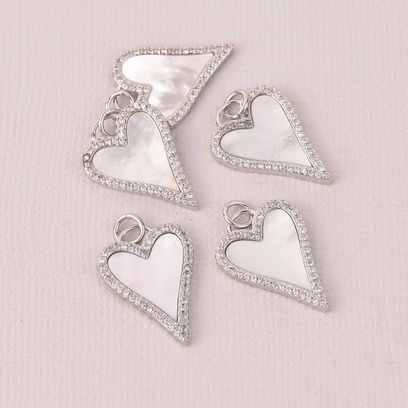 1 White Mother of Pearl Shell Charms, Silver Plated, CZ Micro Pave Crystals, 23mm, chs8098