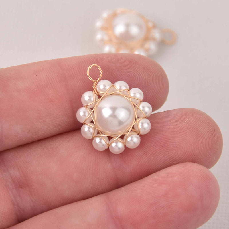 2 Faux Pearl Charms, gold wire, 21mm, chs8100
