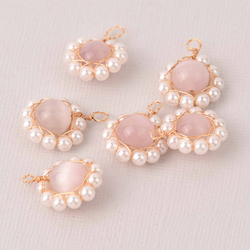 2 Faux Pearl Charms, pink with gold wire, 21mm, chs8105