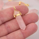 1 Rose Quartz Point Charm, Gemstone Pendant, gold trim, 1.5", chs8107