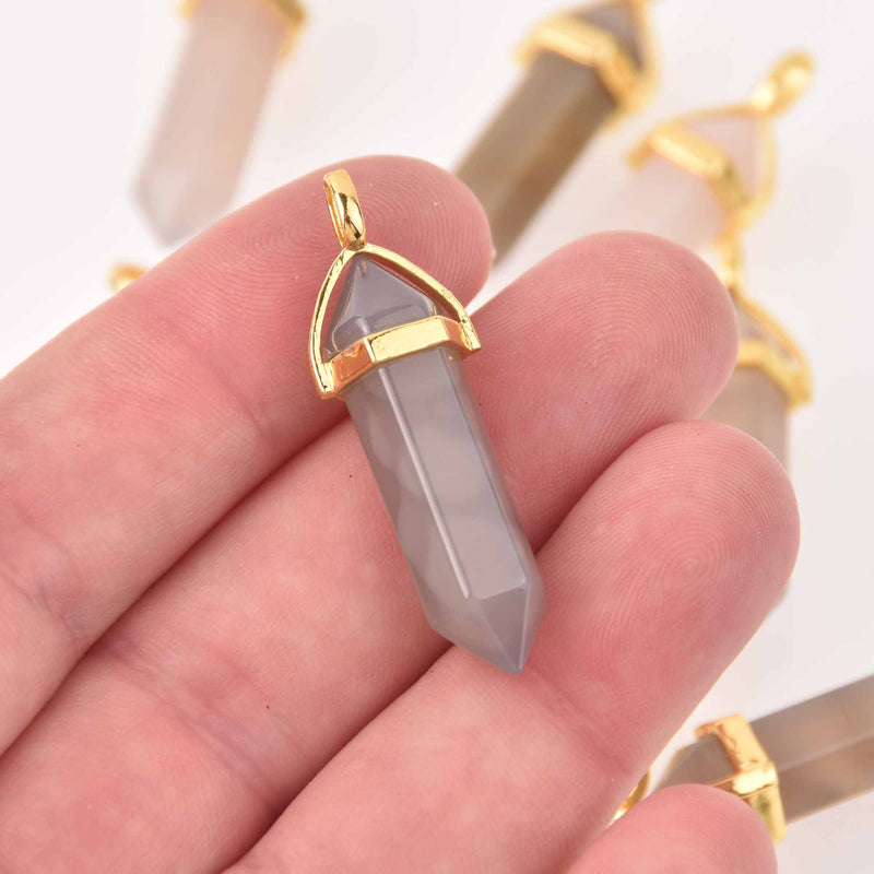 1 Gray Agate Point Charm, Gemstone Pendant, gold trim, 1.5", chs8110