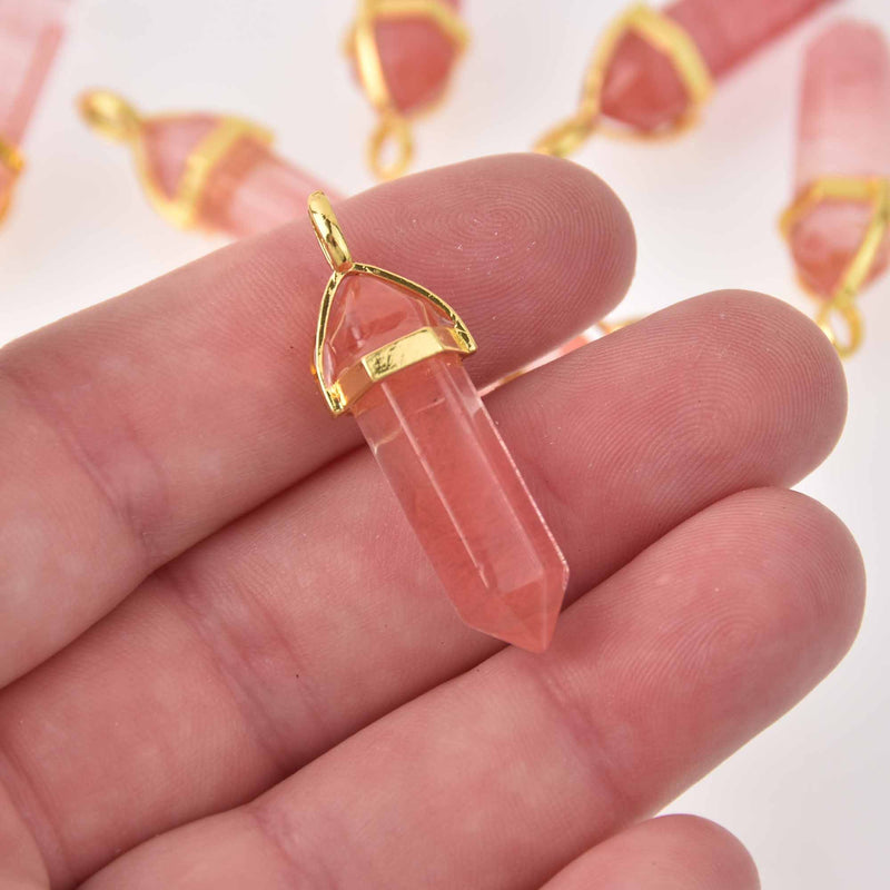 1 Cherry Quartz Charm, Gemstone Point Pendant, gold trim, 1.5", chs8112