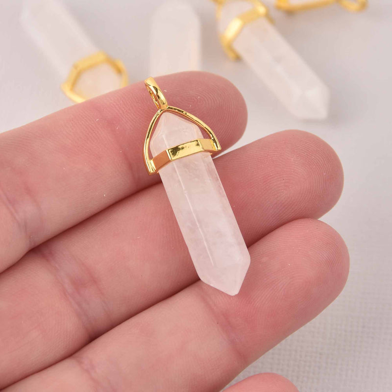 1 Quartz Charm, Gemstone Point Pendant, gold trim, 1.5", chs8114