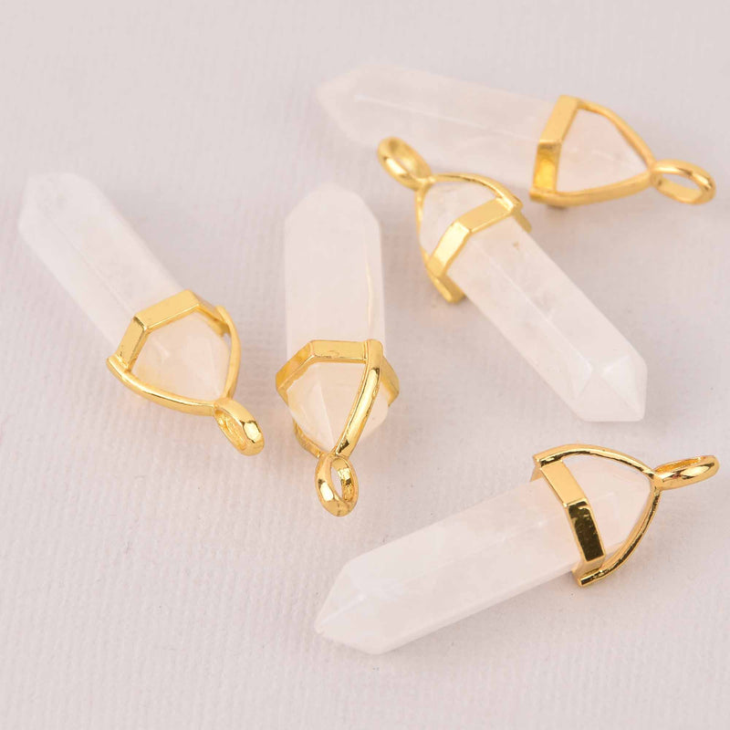 1 Quartz Charm, Gemstone Point Pendant, gold trim, 1.5", chs8114