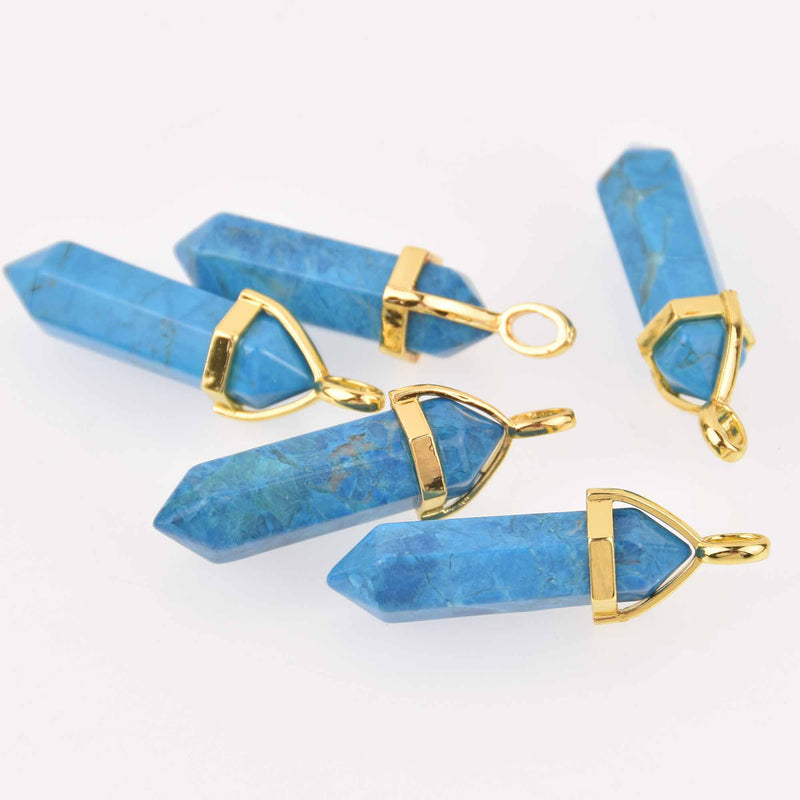 1 Blue Stone Charm, Gemstone Point Pendant, gold trim, 1.5", chs8115