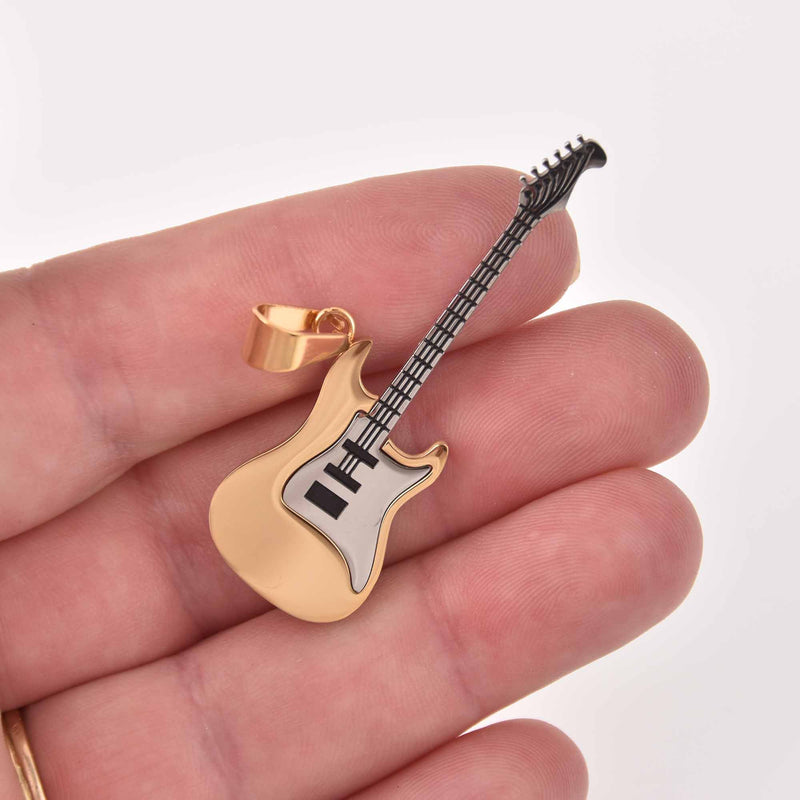 1 ELECTRIC GUITAR Charm, Silver and Gold Stainless Steel chs8129